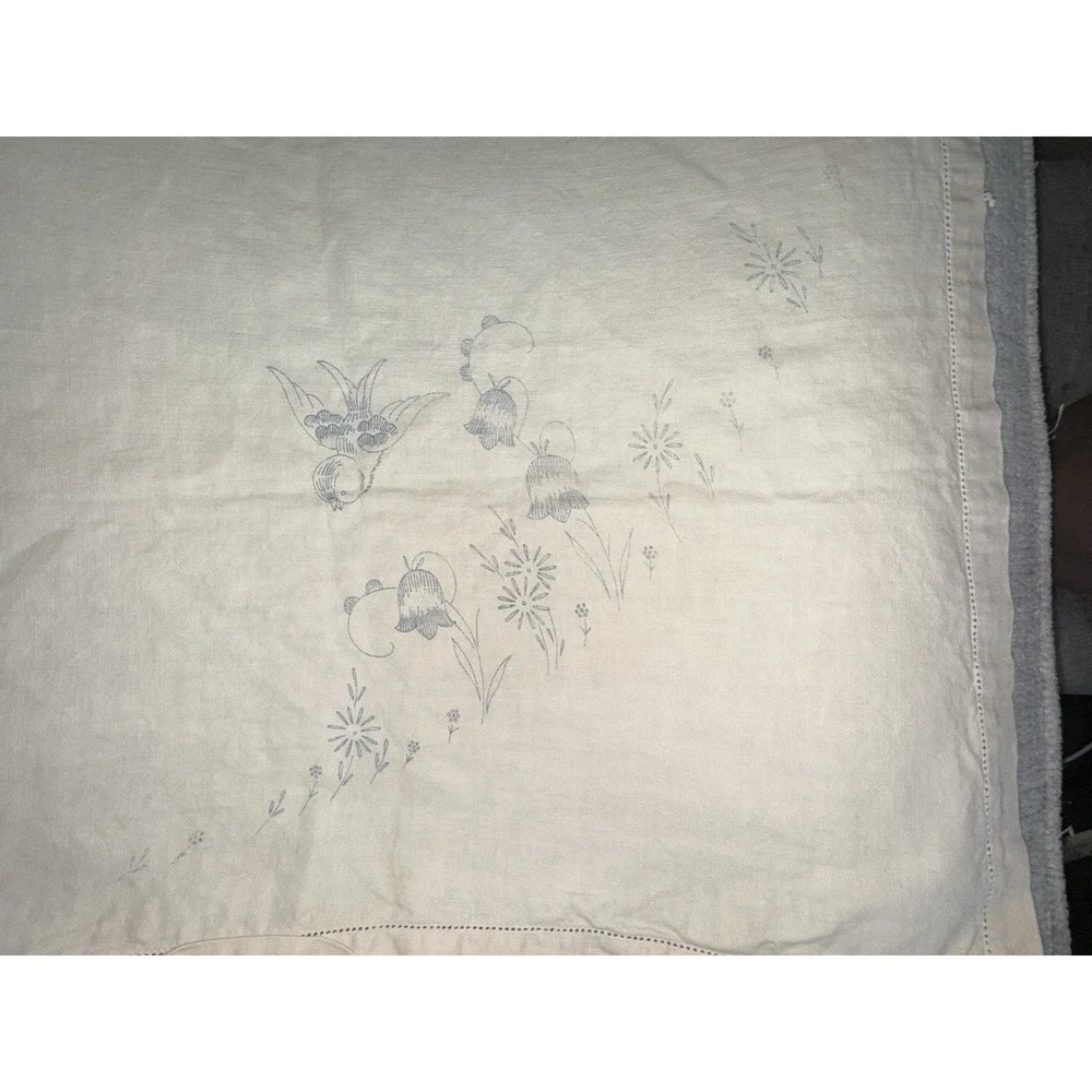Vintage Hand Made Part Embroidered Stamped Tablecloth Flowers Bird 33 x 35